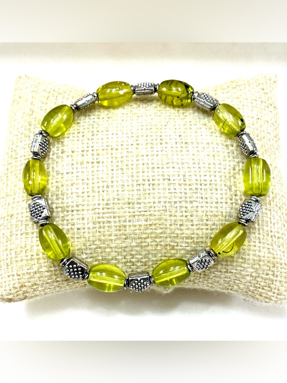 Vintage NWOT Translucent Olive Green Lucite Tube Textured Silver Bracelet